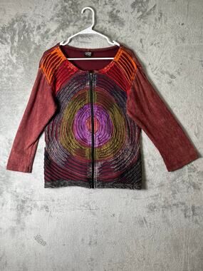 Boho‎ Art to Wear Spiral Appliqué Zip Front Tunic Top Burgundy Long Sleeve XL